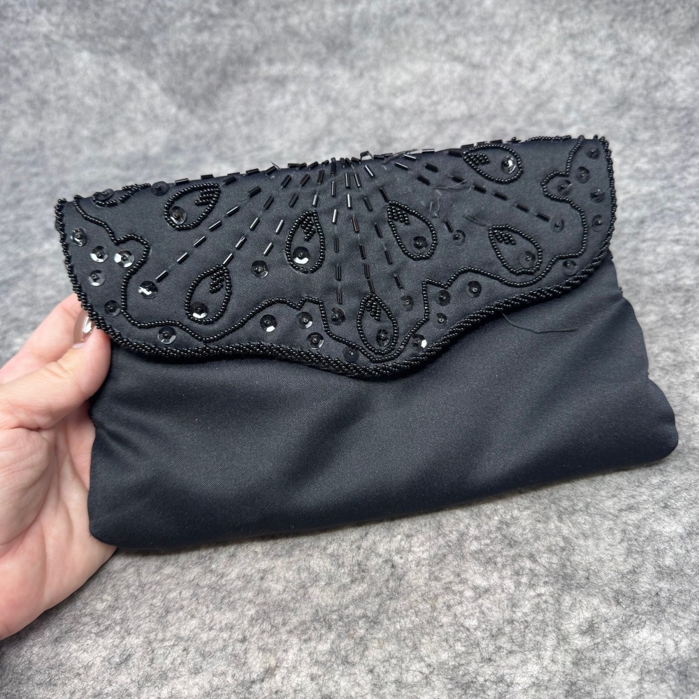Vtg Black Satin Evening Bag Clutch Purse Beaded Elegant Event Hoco